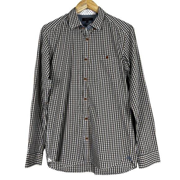 Ted Baker Button Down Shirt Mens S Tan Gingham 100% Cotton Preppy Old Money - Picture 1 of 6